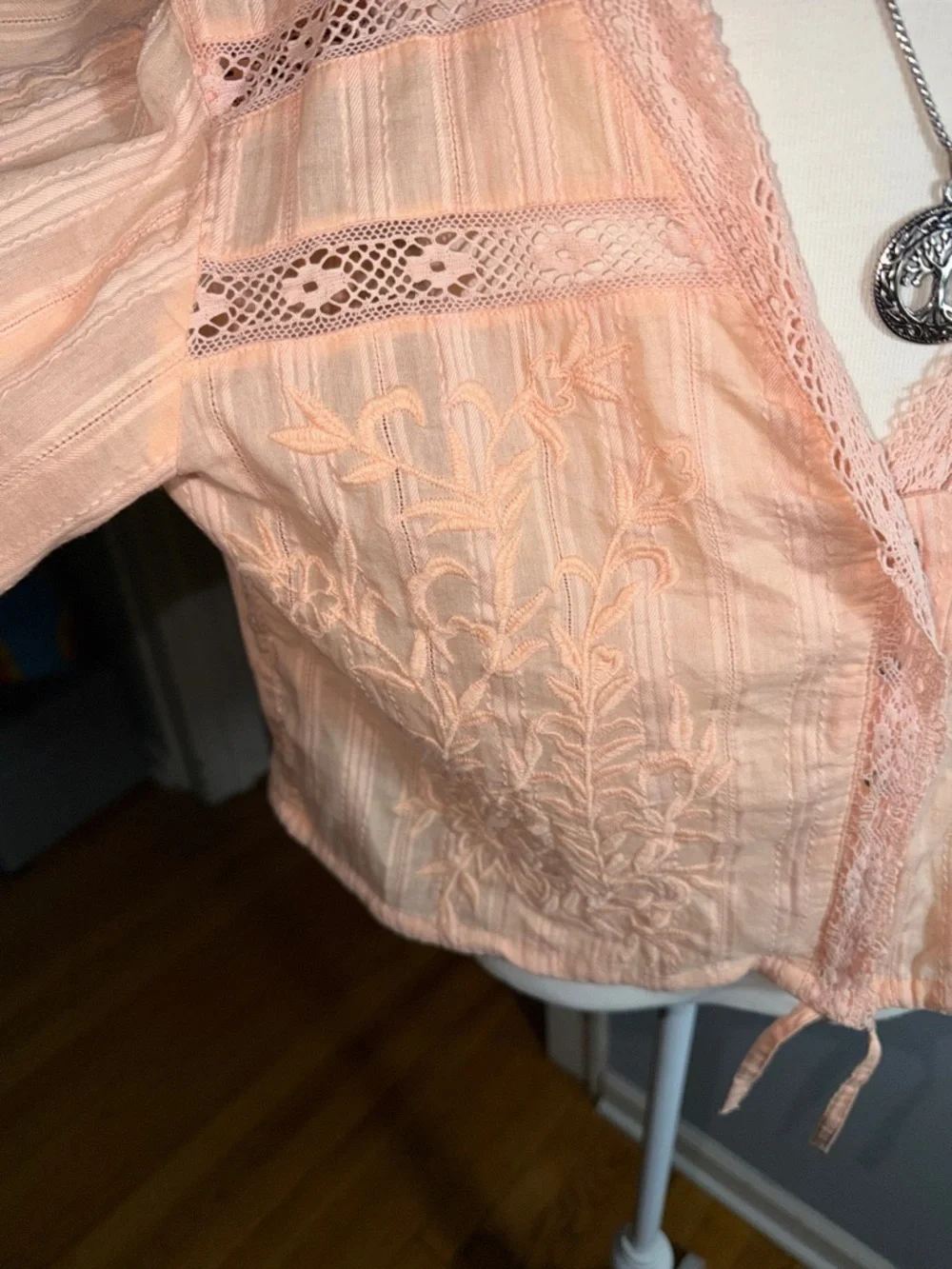 Free People Peach Lace-Trim Tie-Front Crop Top